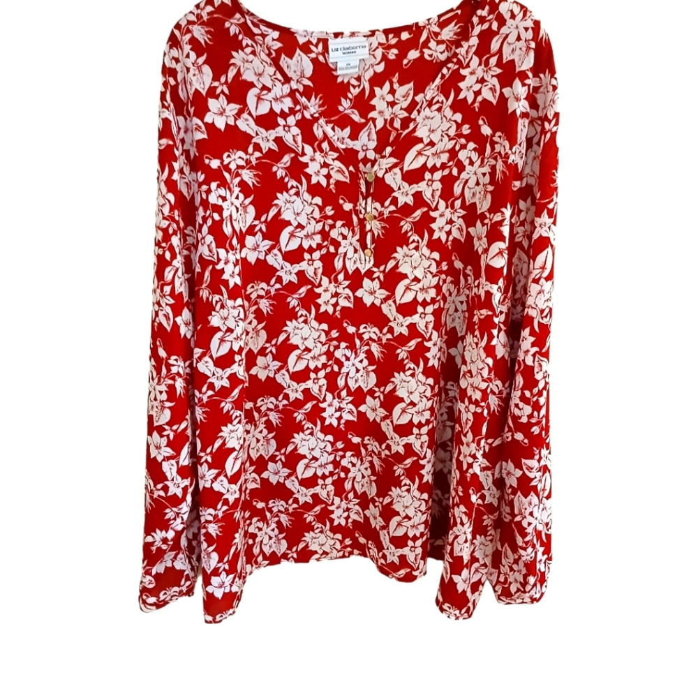 Liz Claiborne Woman Dark Pink Y Neck Blouse With White Flower Print Size 2X